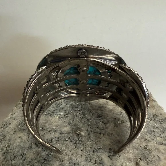 Rare Large Vintage Faux Turquoise Silver Tone Cuff Bracelet - Picture 3 of 12